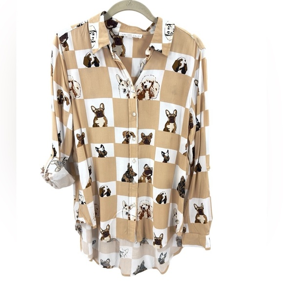 Jane & Delancey Womens Dog Print Button Top Size M Corgi Frenchie Terrier Poodle - Picture 1 of 11